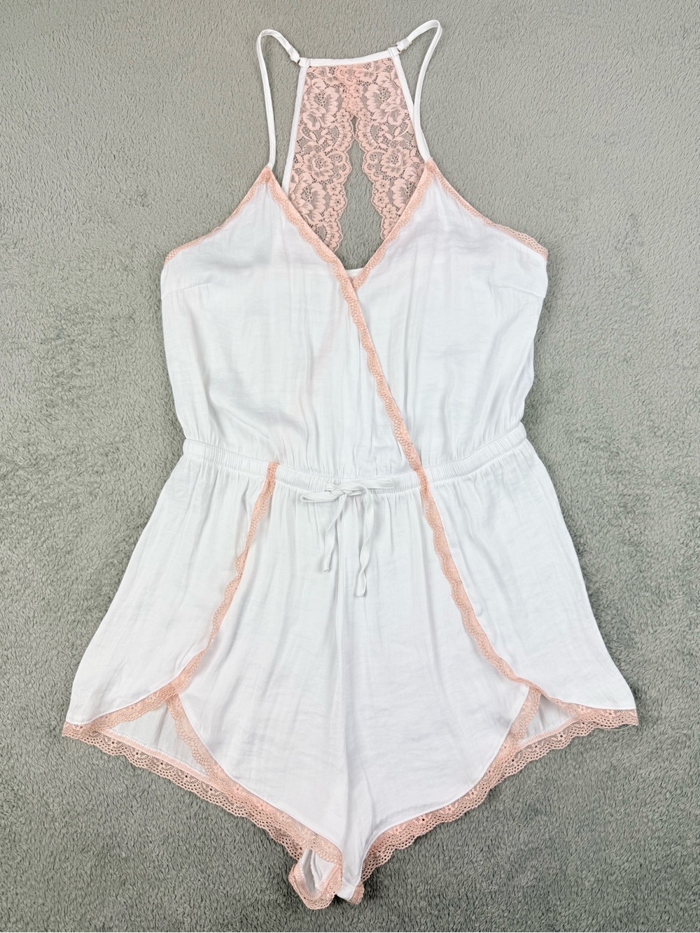 La Vie en Rose Lace Trim Romper Soft Sleepwear Pink and White Lounge Playsuit
